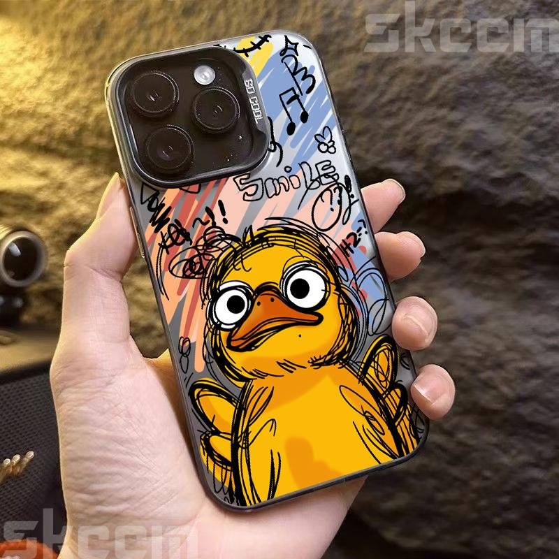 Graffiti Small Yellow Duck Electroplate Silver IMD Phone Case For iPhone 16 15 Pro Max 14 13 12 11 16E 7 8 Plus X XS XR Cover