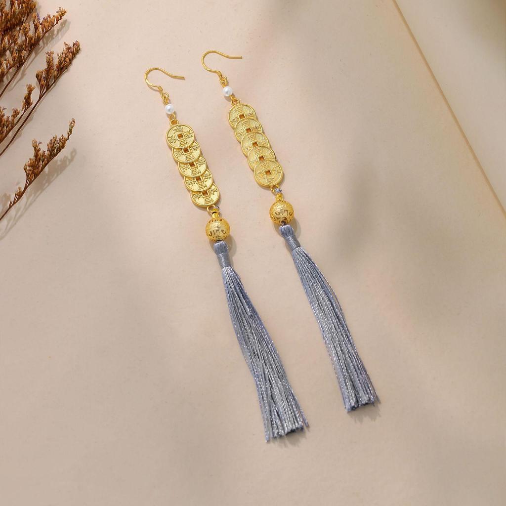 Chinese Style Five Emperors Coin Tassel Earrings for Women - Palace-Inspired Luxury Fashion Ear Hooks