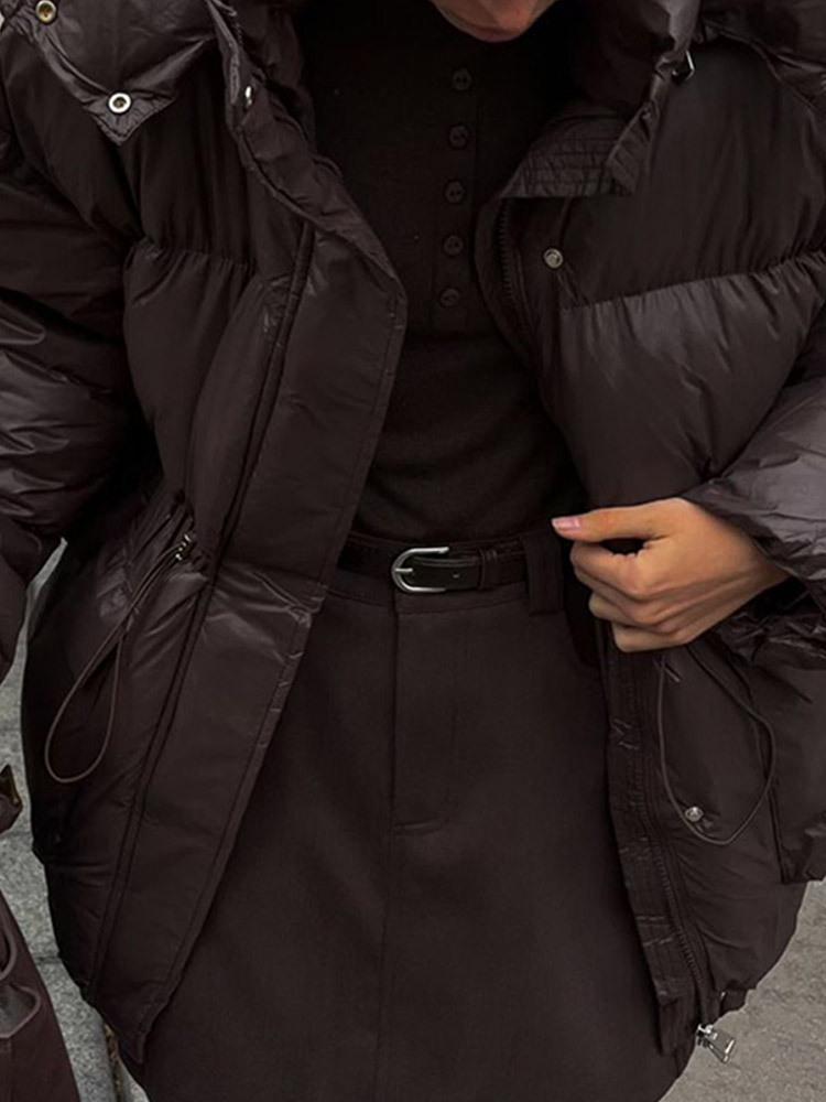 Elegant Solid Color Zipper Hooded Cotton Jacket with Long Sleeves and Pockets - Warm and Thickened for European and American Style.