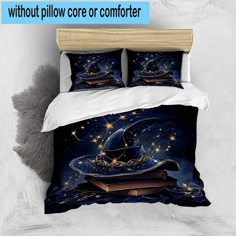 Witch's Hat And Crescent Moon 3pcs Bedding,Including 1pc Duvet Cover And 2pcs Pillowcases Perfect for Christmas,Ideal for Bedroom, Dormitory