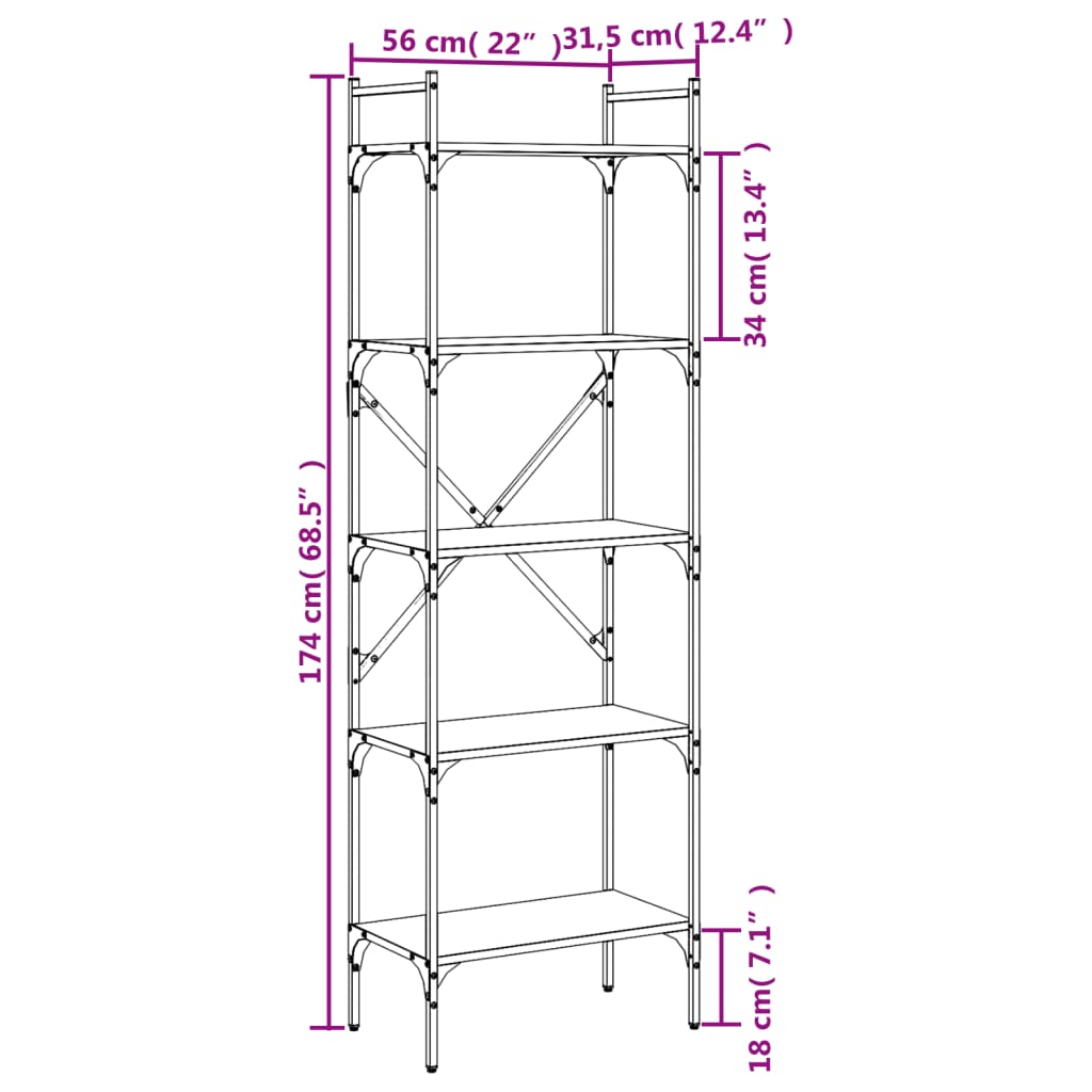 Bookshelf 5 Shelves Black 56 x 31.5 x 174 cm Particleboard