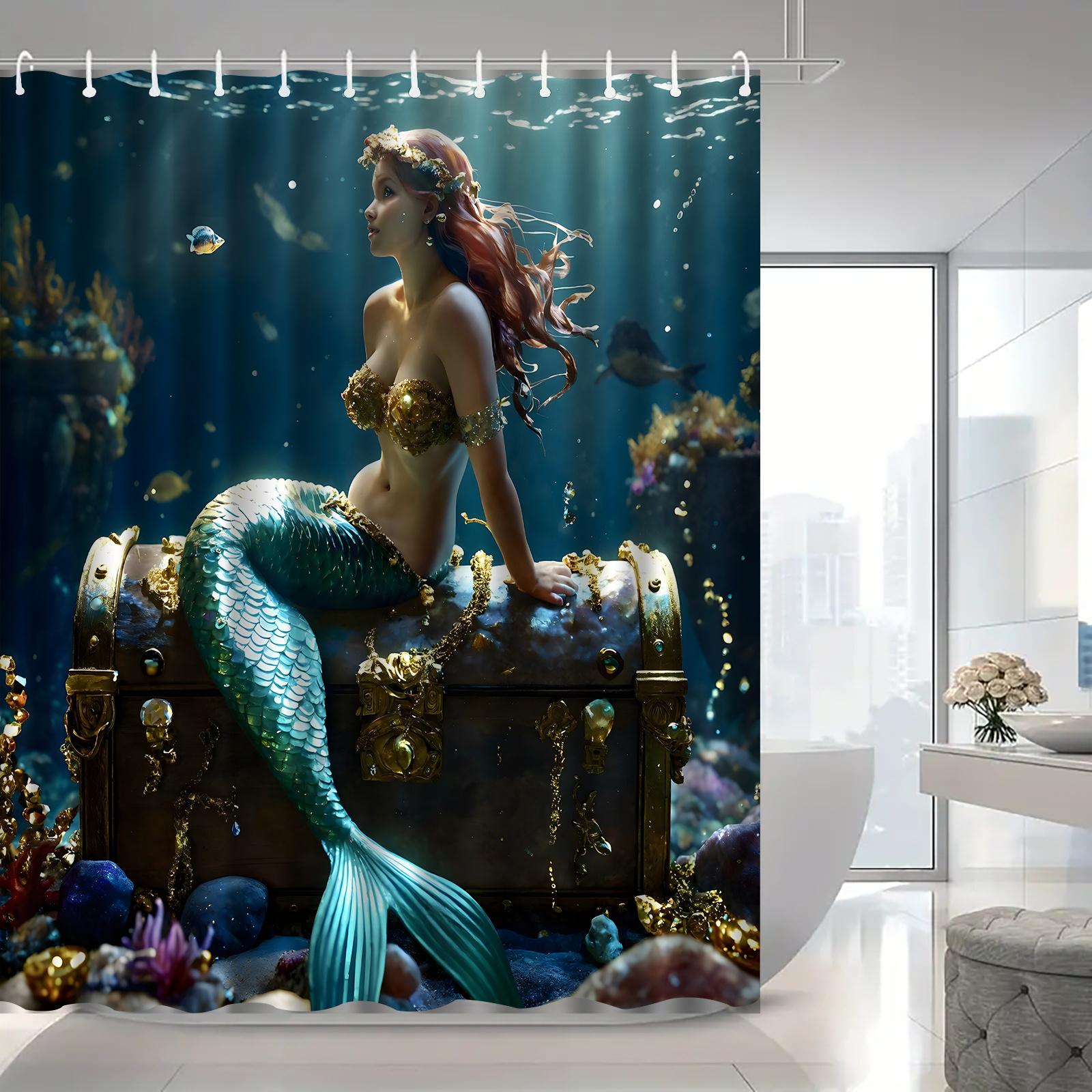 

Mermaid Shower Curtain Underwater Treasure Chest Fantasy Ocean Decor Golden Mermaid Art Waterproof Bath Curtain Set Home 90x180CM