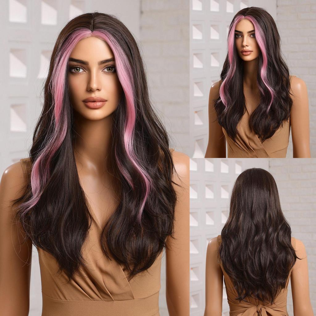 ALAN EATON Lange gewellte braune synthetische Perücken, Highlight-Pink-Perücken für Frauen, Cosplay-Perücken, hitzebeständige Perücken