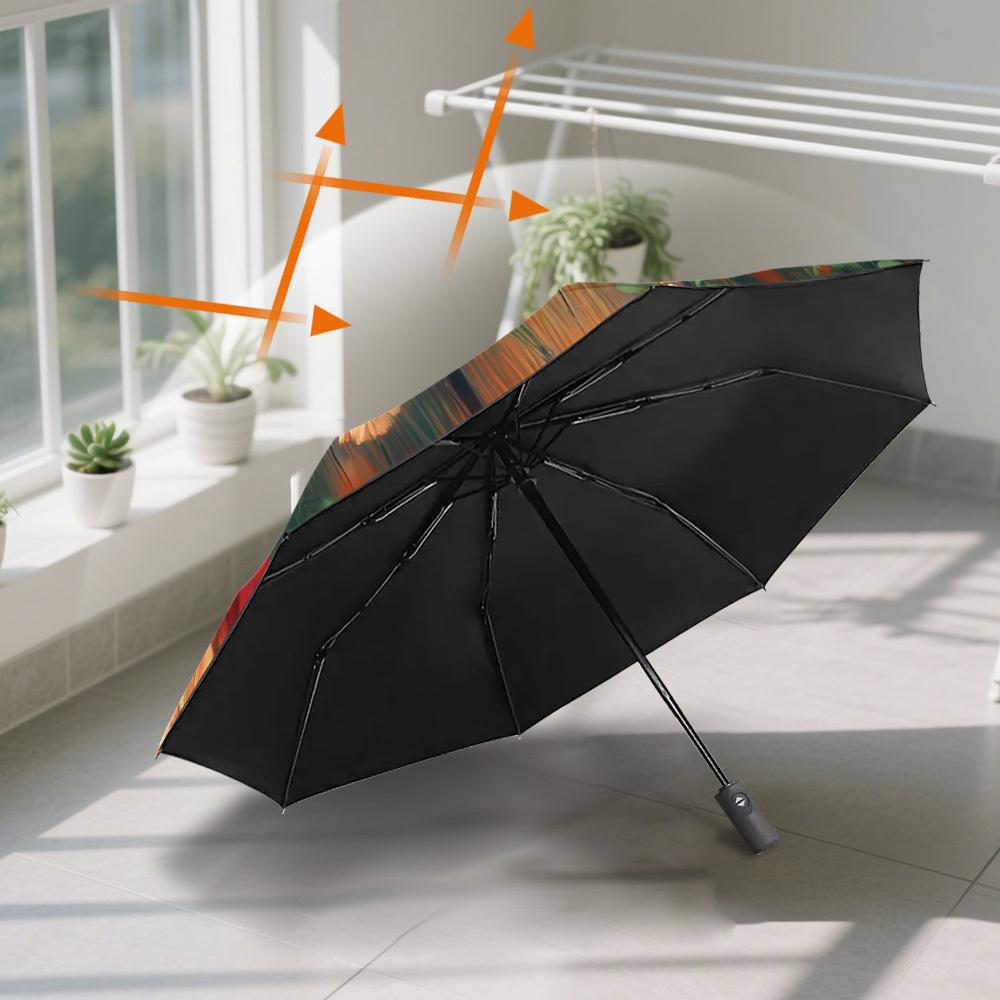1pc Automatic Open/Close Umbrella with Dachshund Puppy & Floral Fence Design - 8-Rib Sturdy Frame, Lightweight Compact Folding