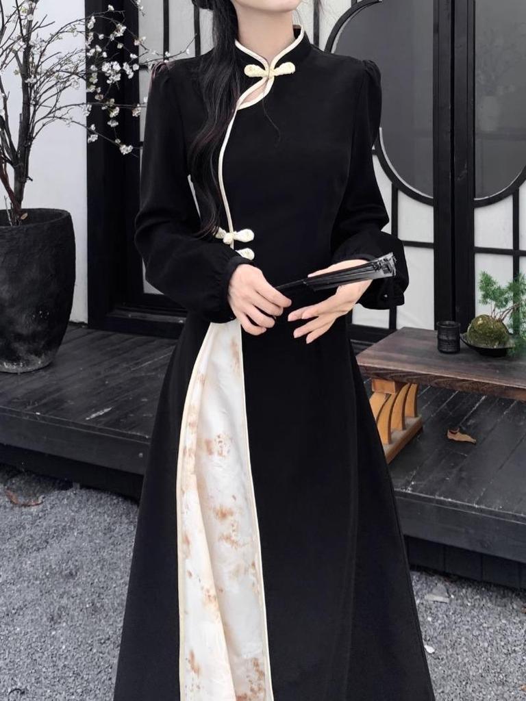 New Year Cheongsam with Frog Buttons: Women's Plus Size Long Dress with Patchwork and Dark Patterns
