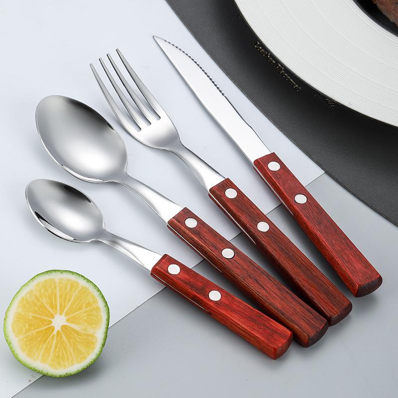 Four-Piece Cutlery Set: Stainless Steel Steak Knife, Fork, Spoon, with Rosewood Handles.