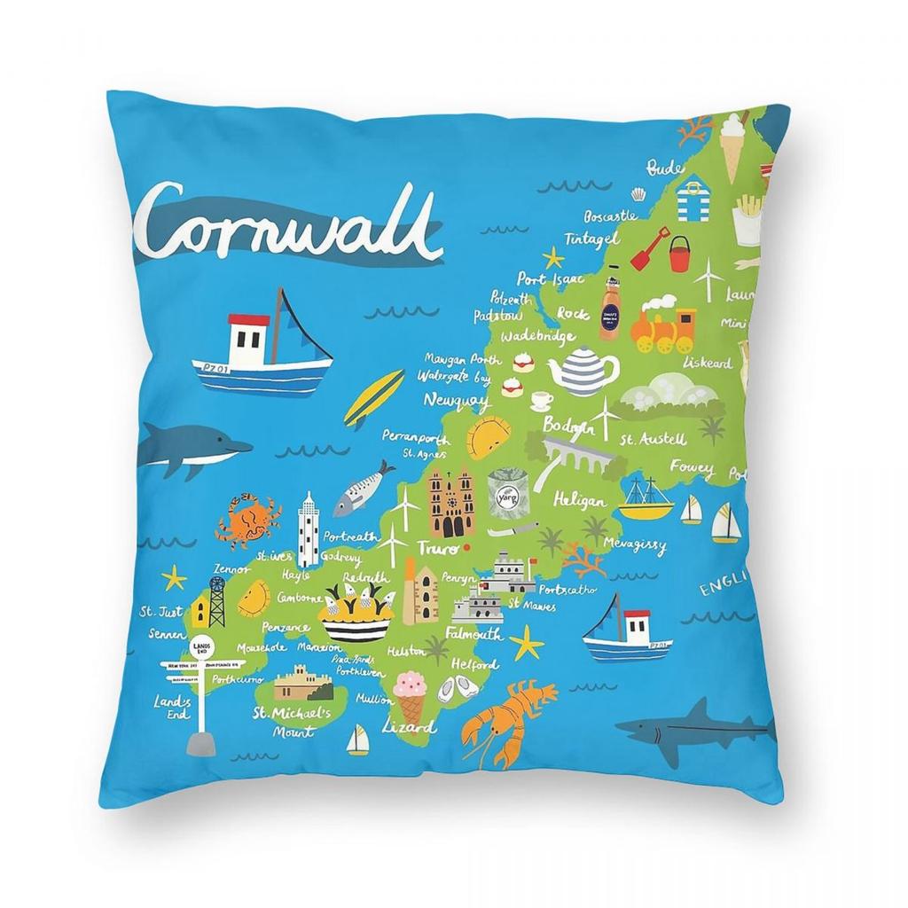 Cornwall Map Pillowcase Polyester Linen Velvet Pattern Zip Decor Sofa Seater Cushion Cover