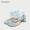 Square Toe Lace Flower High Heel Sandals Women's New Chunky Heel Sky Blue Sandals for Women Beach Party Dress Shoes Fashion