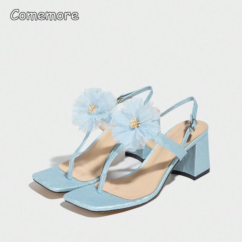 Square Toe Lace Flower High Heel Sandals Women's New Chunky Heel Sky Blue Sandals for Women Beach Party Dress Shoes Fashion