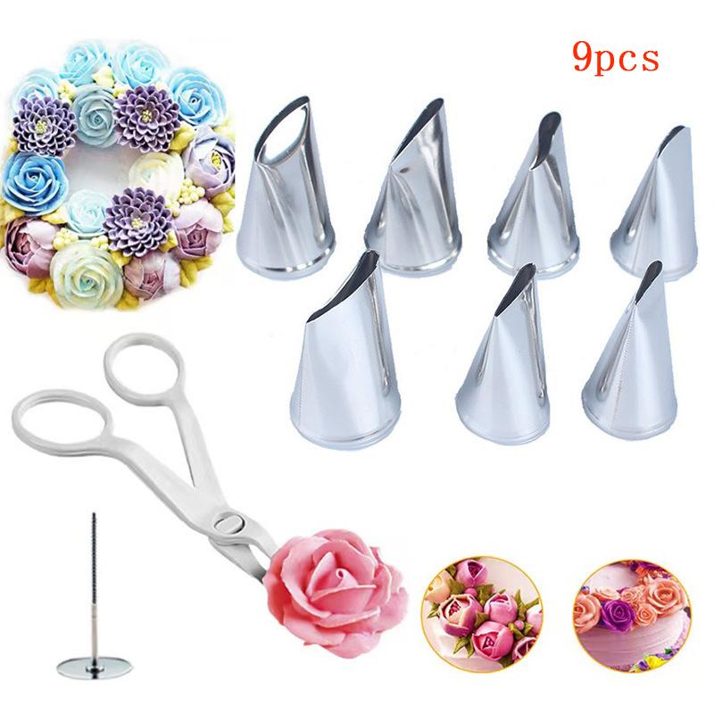 9Pcs/set Flower Scissor Cake Tray 7pcs Leaf Tips Tulips Rose Nozzle Nail Decor Lifter Fondant Cream Transfer Baking Pastry Tool