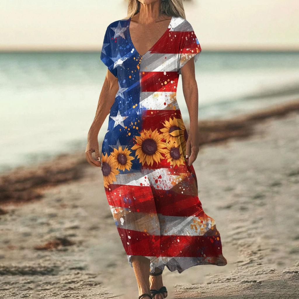 Women’s V Neck Short Sleeve Maxi Dress with Abstract Tie Dye Print Loose Fit Summer Beachwear for Casual Daily Wear