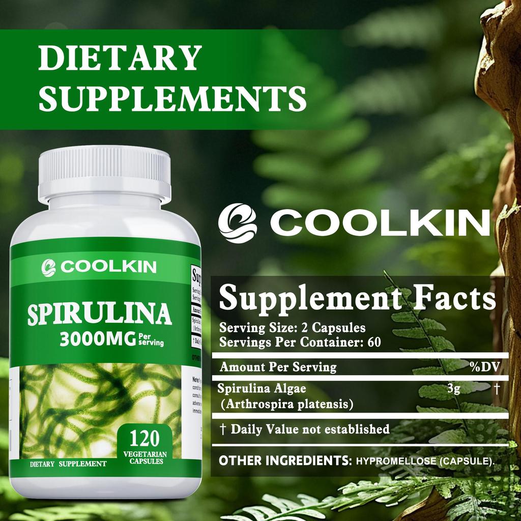 Spirulina Vegetarian Capsules, 3000mg Per Serving, High In Spirulina, Balanced Nutrition, Suitable for Both Men and Women.