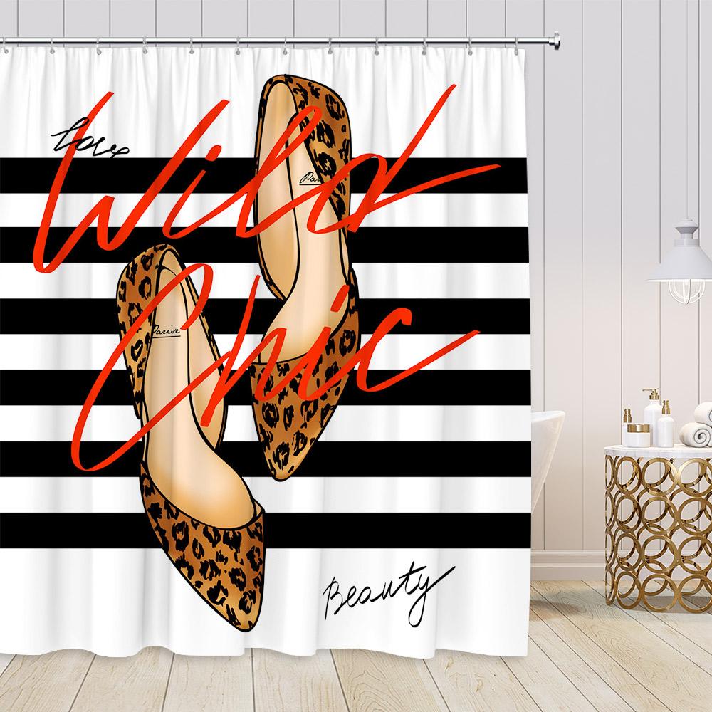 Pink Perfume Fashion Shower Curtains Cosmetics High-heels Dress Floral Bathroom Decorations Girl Vintage Bath Curtain with Hooks