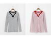 Women's Striped V-Neck Long-Sleeve T-Shirt, Plus Size, Autumn/Spring, Korean Style, Slimming & Versatile Design