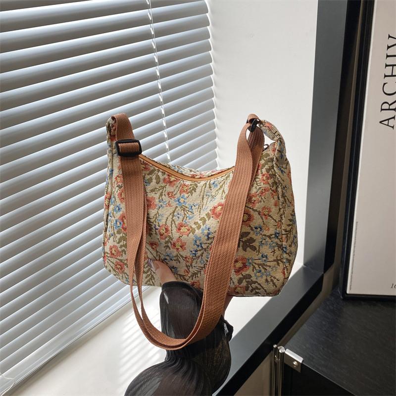 Stylish Casual Artistic Printed Crescent Bag In Deep Blue And Cream For Trendy Outings