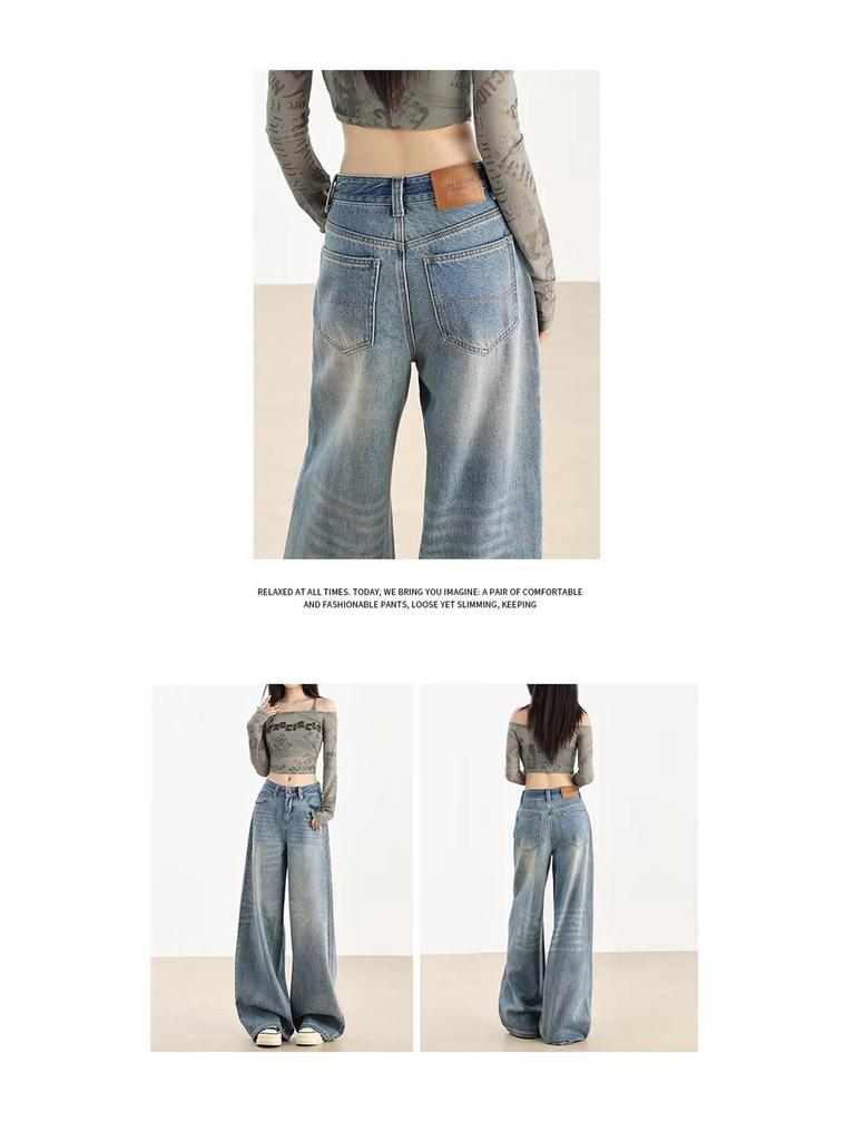 Women's High-Waist Deep Blue Wide-Leg Jeans - Versatile, Slimming, and Floor-Length for Spring & Autumn 2025