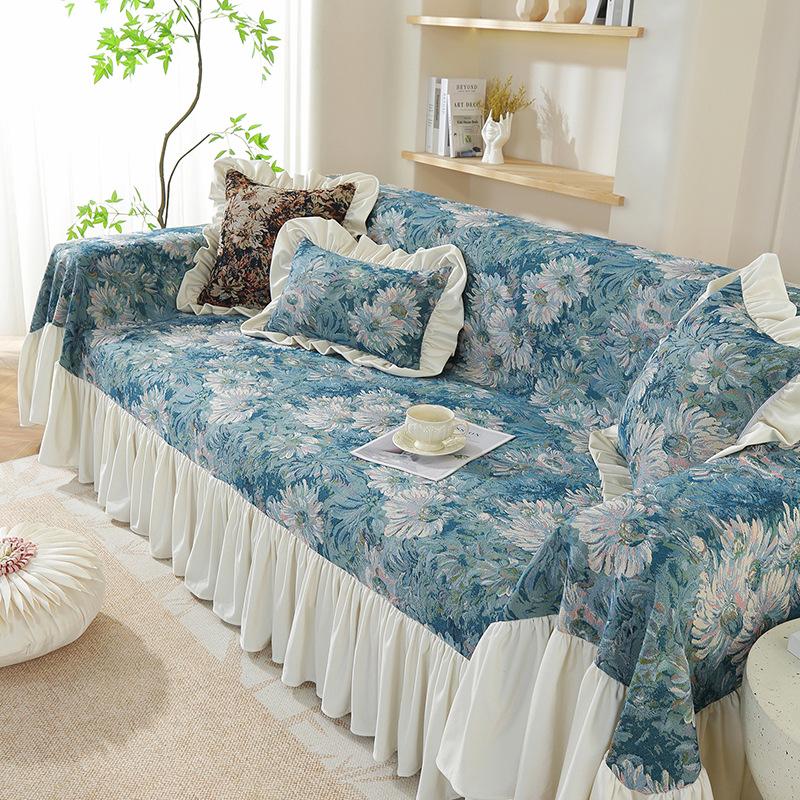 Sofa Towel Skirt Cream Breeze Anti Cat Scratch Sofa Cover Blue Floral Jacquard Thickened Sofa Cushion