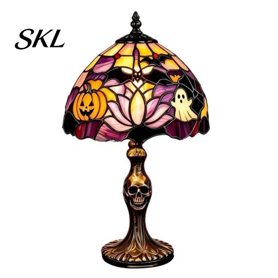 USB Desk Light Halloween Pumpkin Ghost Table Light, Stained Glass Art Night Gothic Bedroom Lamp, Vintage Decorative Lamp for Holiday Party Home