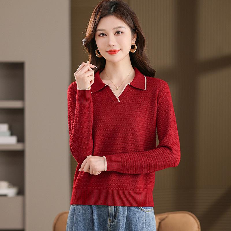 

2025 Early Autumn Women s Loose Knit Lapel Pullover Sweater with Long Sleeves - Fashionable Casual Outerwear 115 - suitable for 57-68 kg червоний