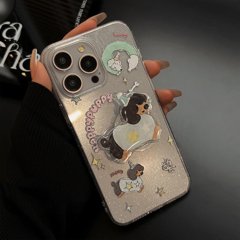 Japanese and Korean Ins Butterfly Dachshund Dog Stand Apple 16 Mobile Phone Case 15 Flash Powder Iphone14pro Max Suitable for 11