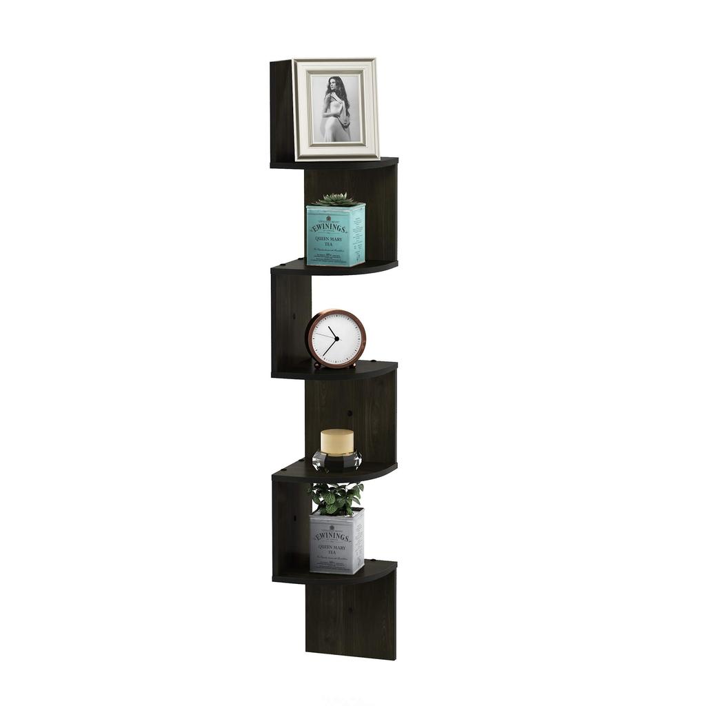 Furinno Rossi Espresso Corner Shelf, 5-Tier Wall-Mounted Floating Shelf [Officially Imported from Japan]