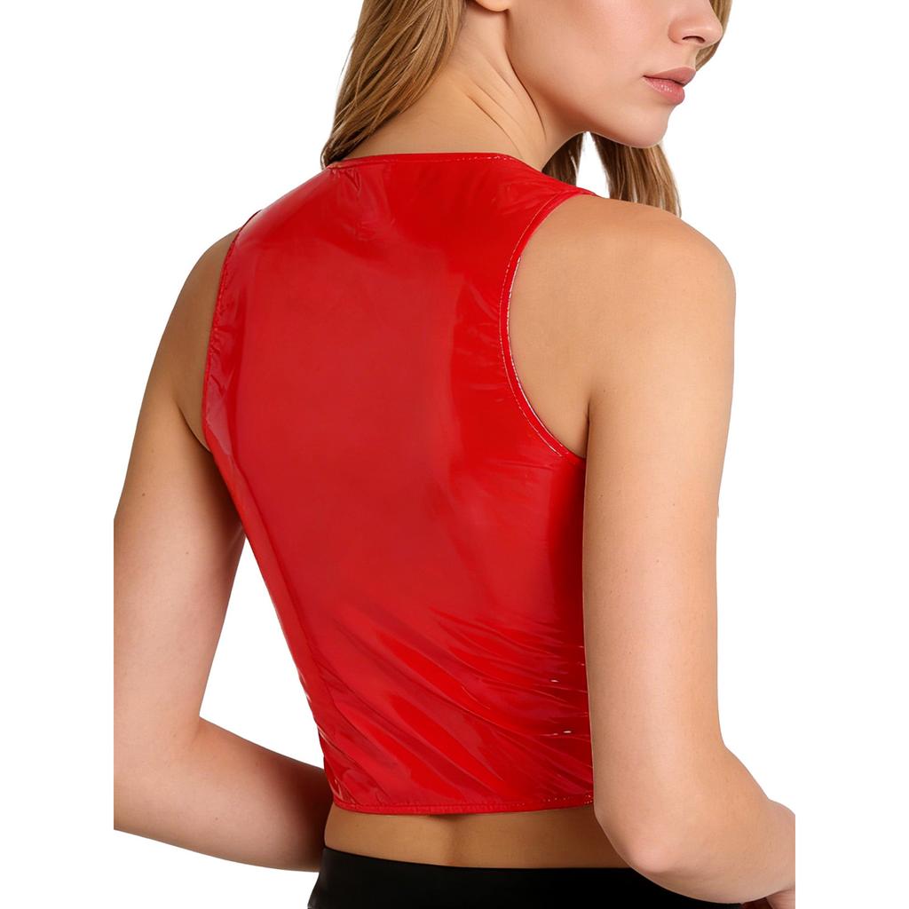 Ladies Glossy PU Leather Crop Top S-3XL Front Double Zippers Sleeveless Slim Tank Top for Club Rave Party Nightwear