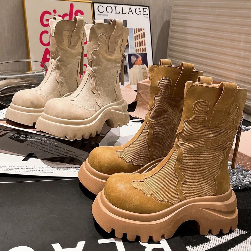 Martin boots women's ins super fire big head cowboy splicing tooling big yellow boots locomotive boots small 7cm thin women's shoes