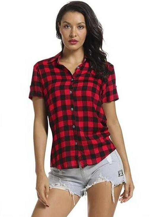 2026 Spring/Summer Women's Black and White Plaid Short Sleeve Loose Slimming Retro Top