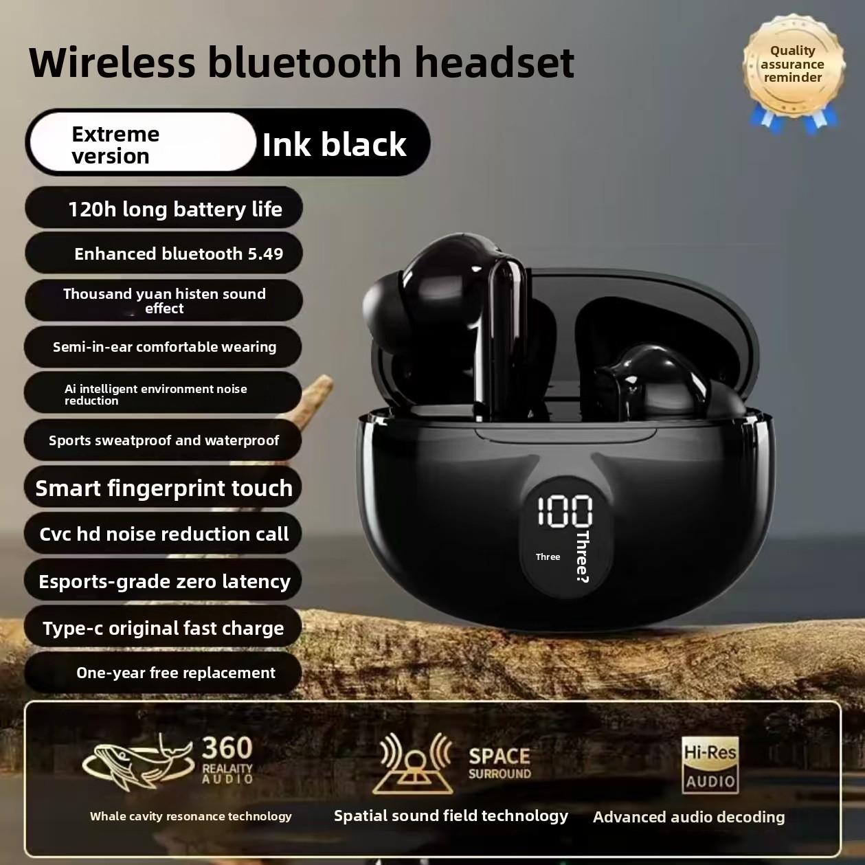 

Digital Display Wireless Bluetooth Earbuds TWS Sports In-Ear Noise Cancelling High Sound Quality Large Battery Long Battery Life HD Calls Knight Black Ultimate Edi