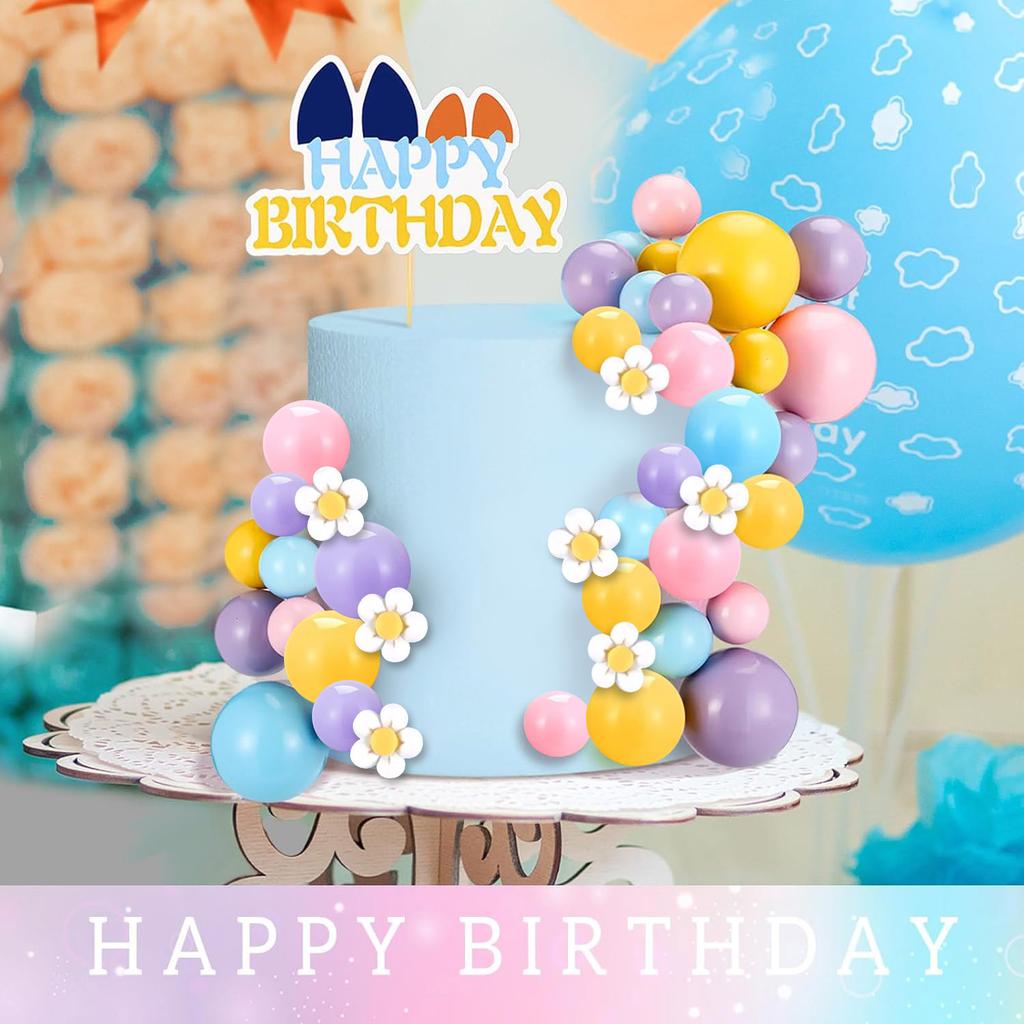 63Pcs Blue Dog Cake Toppers with Balls and Flowers for Birthday Decoration Groovy Pastel Cupcake Inserts Hippie Wedding Party