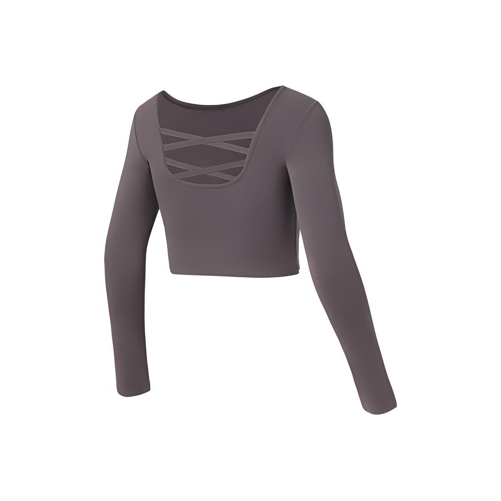 Li Ning Fitness Series Back Hollow Short Tight Workout Top Women tops Sparrow-Brown AUDR108-2