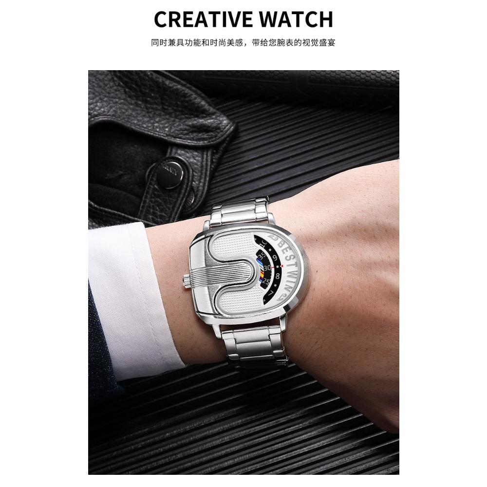 Fashion Men Irregular Tonneau Shape Quartz Watch Creative Rotating Dial Stainless Steel Bracelet Wristwatch