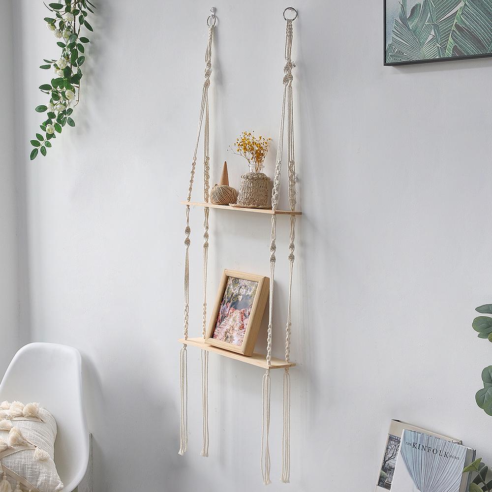 2-tier Floating Wall Shelf With Wooden Beads Home Decoration Boho Plant Flower Pot Tray Nordic Room Swing Display Shelf Art Gift