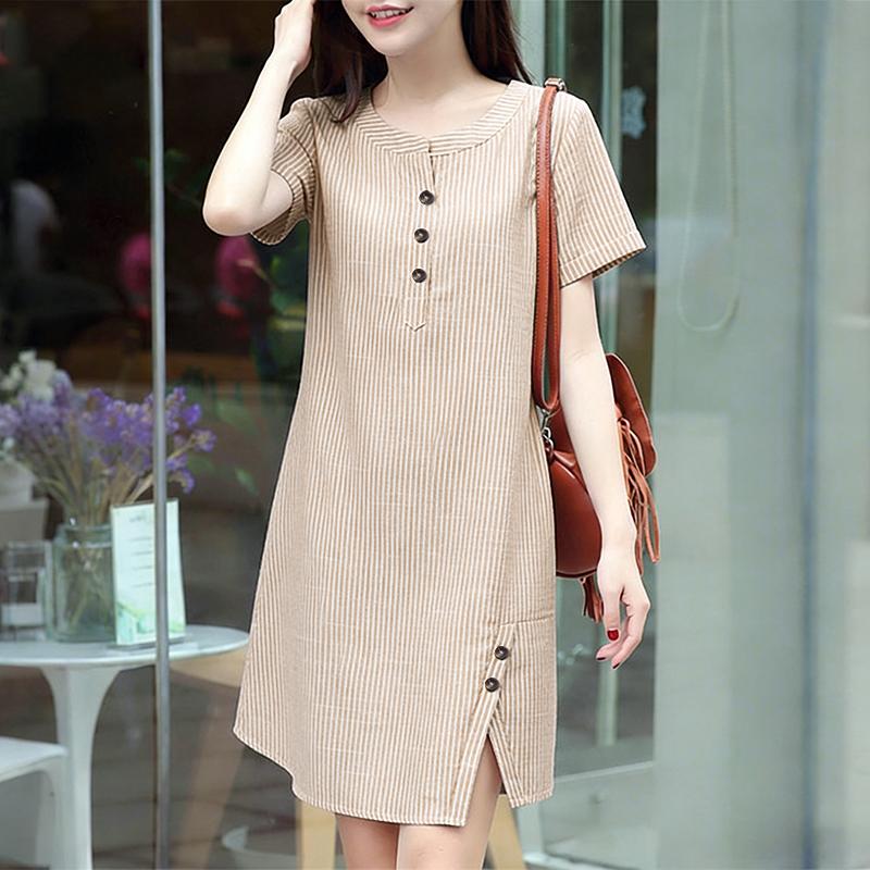 

ZANZEA Women Summer Round Neck Casual Short Sleeve Stripe Dress 5XL хакі