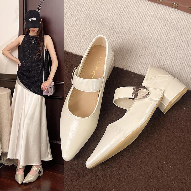 Fashion Retro Elegant Casual Mary Jane Women's Shoes 2025 Spring New Point Head Coarse Heel Shallow Mouth Pumps Comfortable Single Shoes