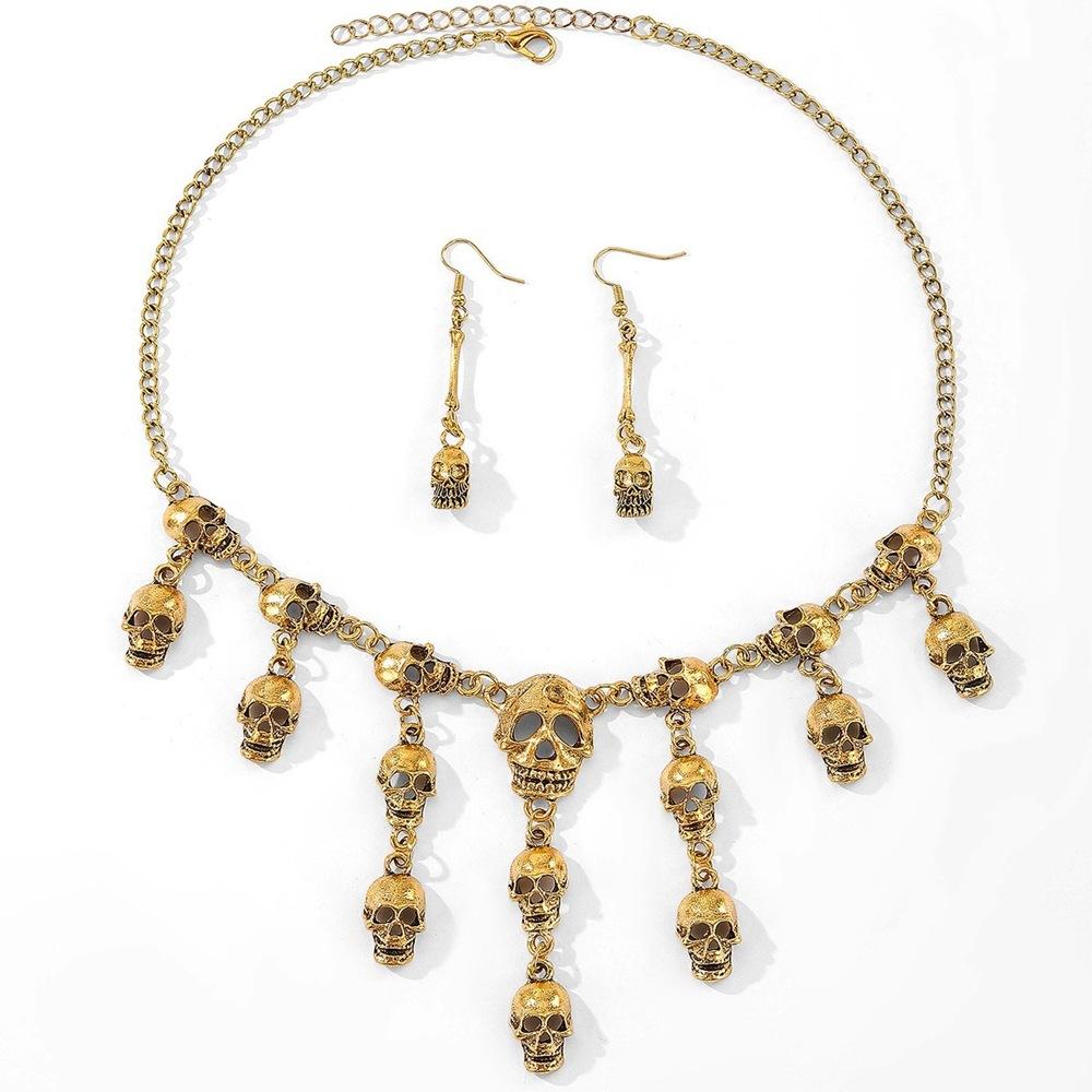 Halloween Jewelry Punk Vintage Skull Necklace Earrings Set Women's Party Accessories