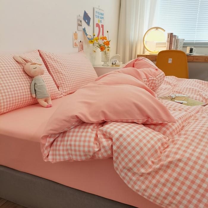 Japanese simple style plaid skin-friendly abrasive four-piece set, bedroom bedding washable sheets, quilt cover kit