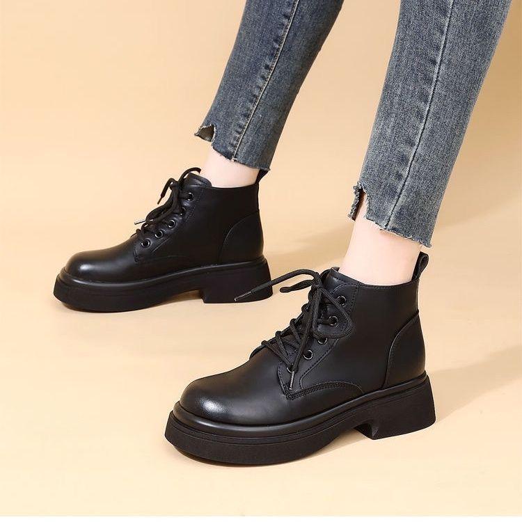 British-Style Women's Vintage Leather Lace-Up Martin Boots - Height-Increasing, Wide-Foot, Short French Design