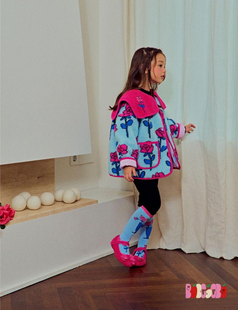 In Stock! BE23 Girls' Lamb Wool Reversible Set - Cozy Rose Flower Jacket for Autumn and Winter