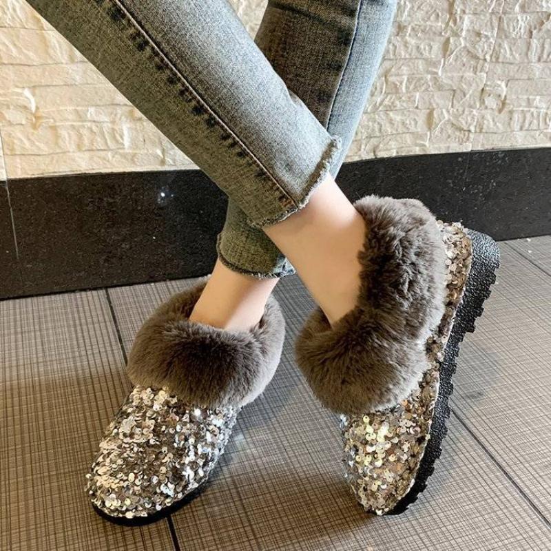 Winter Round Toe Flat Sequins Fleece-lined Woman Shoes Padded Y2k Work Furry Trend 2025 Designer Luxury Hot Snow Boots for Women