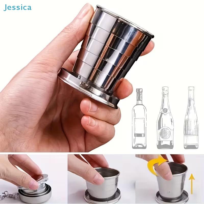 Collapsible Stainless Steel Shot Glass - Foldable Pocket Cup with Keychain, Portable Drinking Cup for Travel/Outdoor
