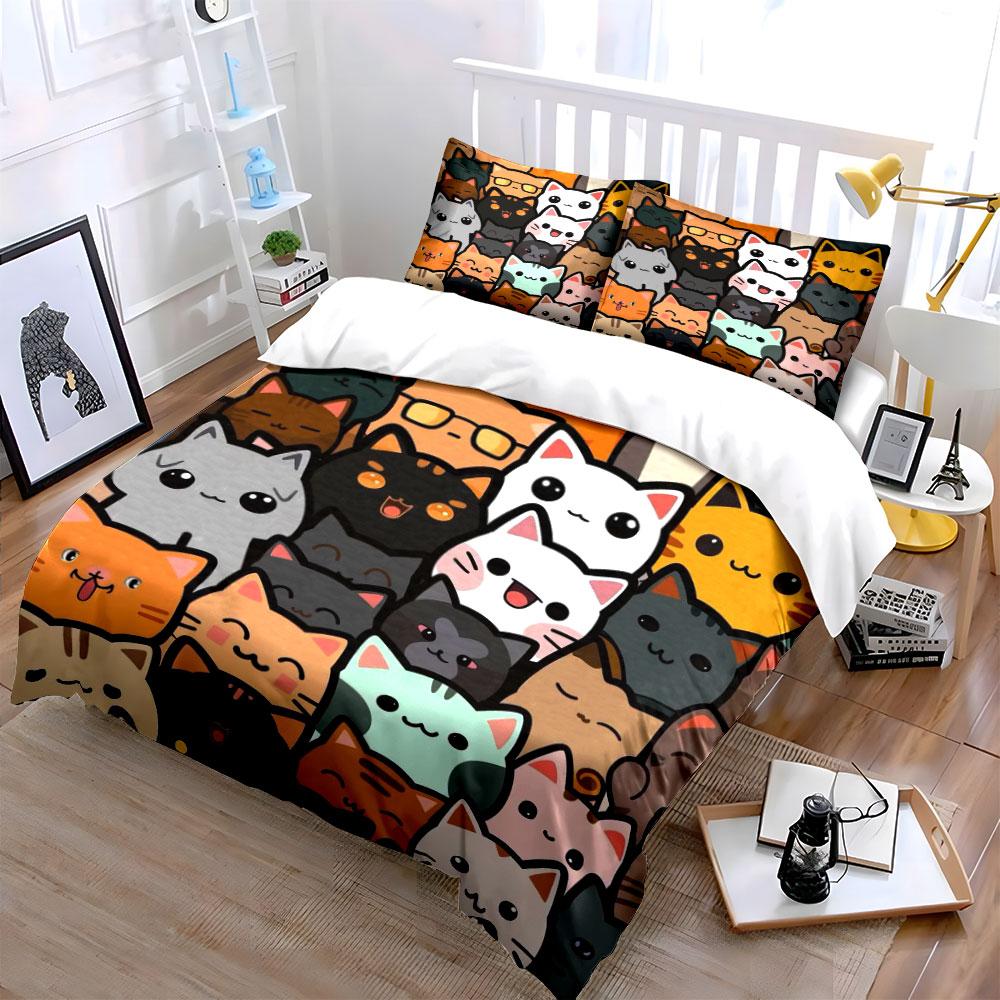 Cute Cartoon Cat Faces Bedding Bedding Duvet Cover Set Duvet Cover Pillowcases (1 * Duvet Cover 2 * Pillowcases, without duvet insert)