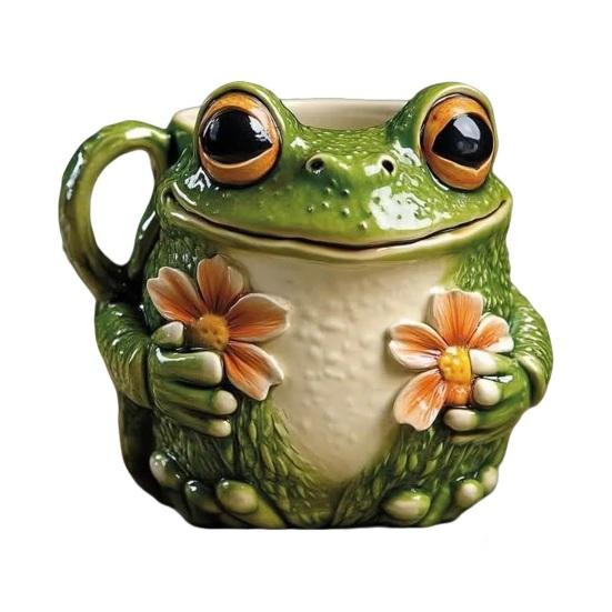 Frog Shape Ceramic Mug with Tiny Flowers Smooth Texture Coffee Tea Cup for Morning Joy Cozy Woodland Character Mug Gift for Animal Lovers 1pc