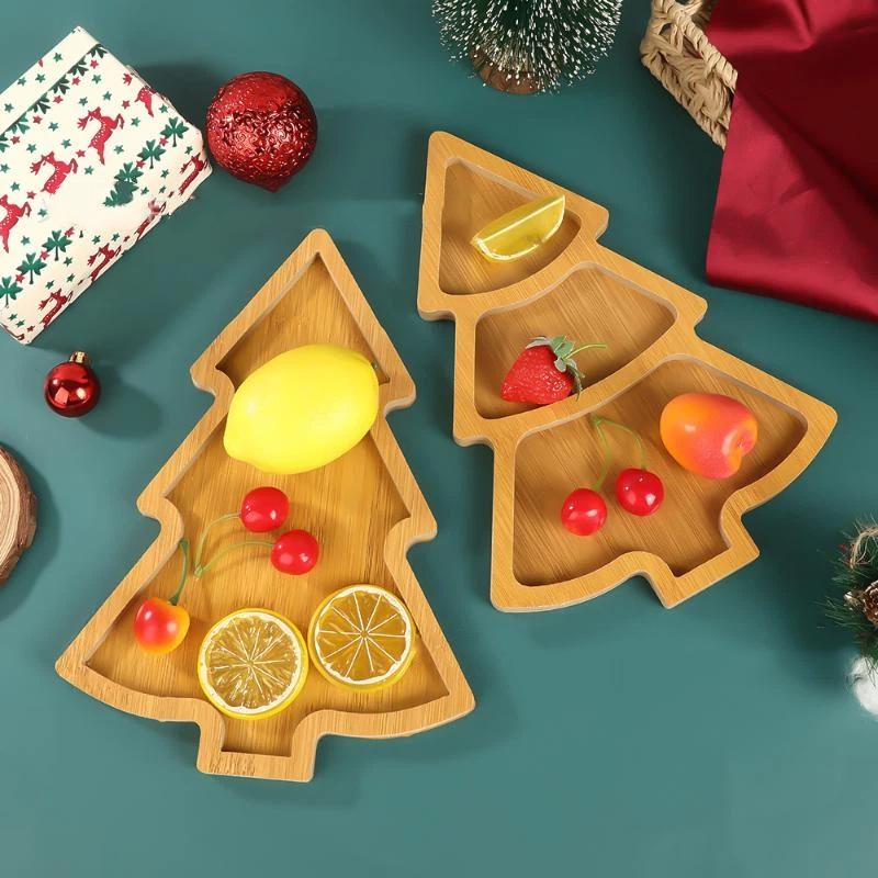 Weihnachtsbaumförmiges Wohnzimmer Süßigkeiten Snacks Nüsse Samen Trockenfrüchte Holzplatte Geschirr Schüssel Frühstücksteller Tablett Tischgeschirr