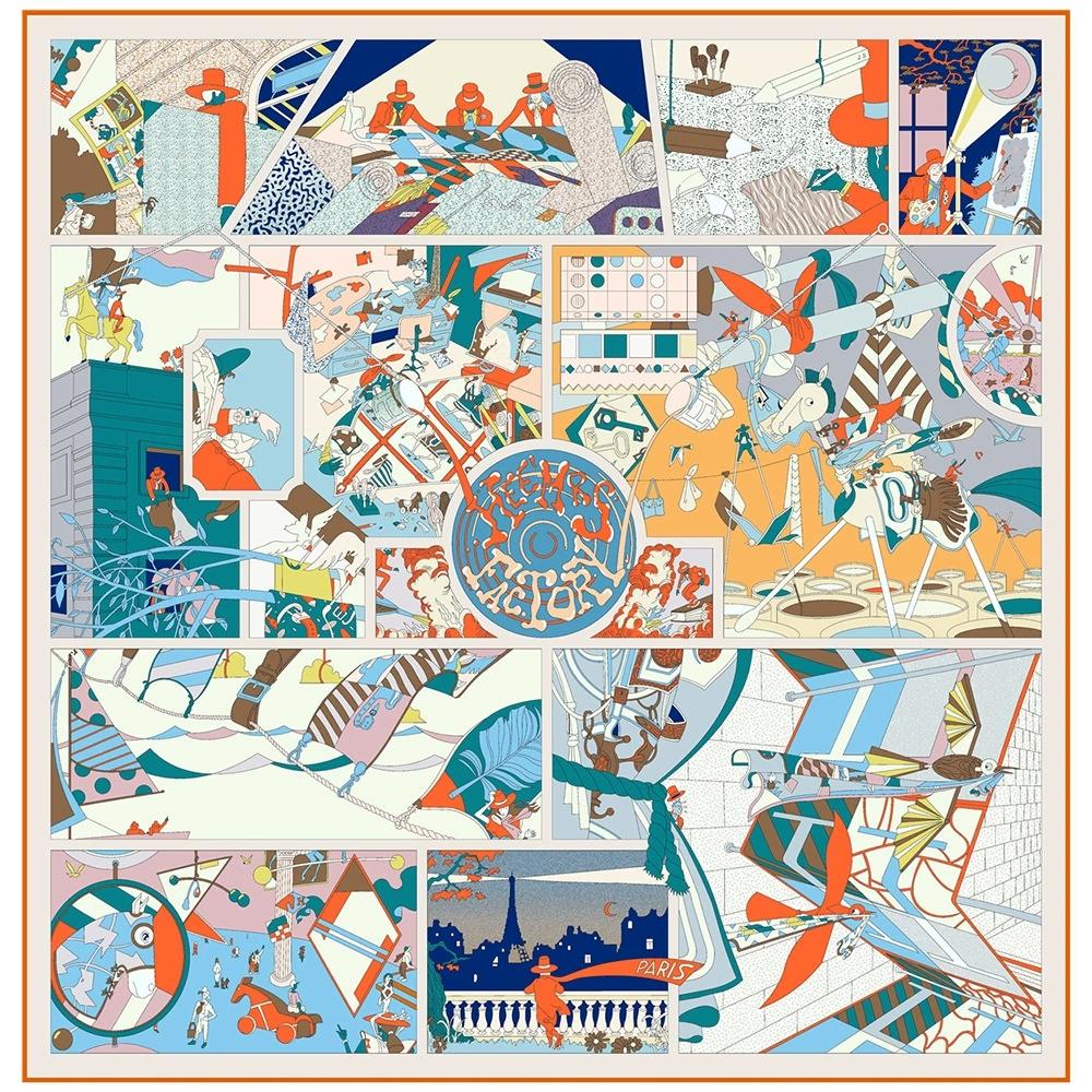 French-style Women 90*90cm Cartoon Puzzle Patchwork Silk Twill Hijab Colorful Female Bandana Neckerchief