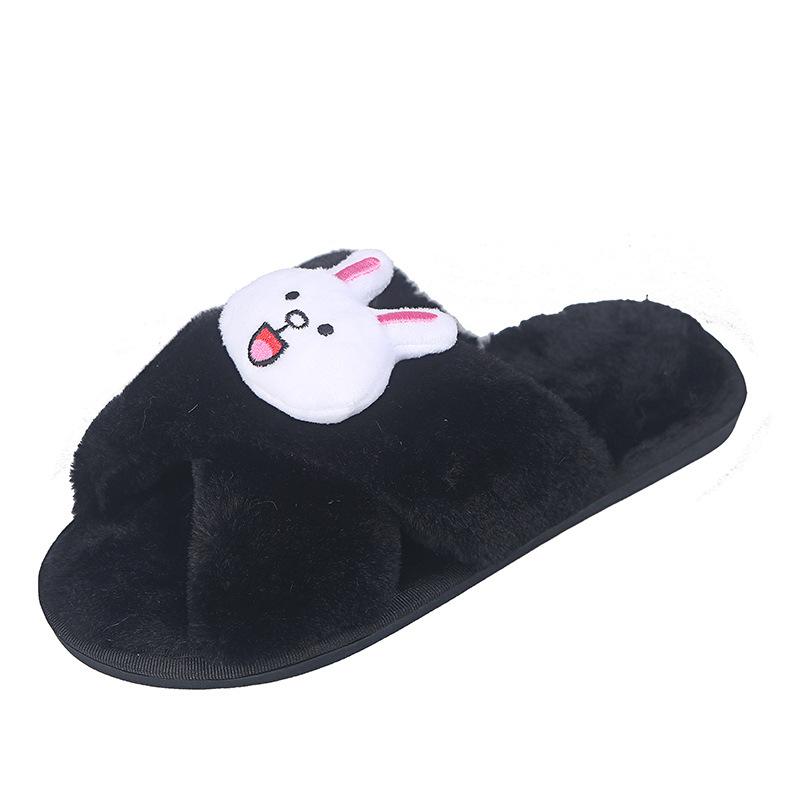 Rhinestone Strips Cross Flat Bottom Fluffy Slippers Women's Autumn and Winter Home Warm Cotton Slippers Comfortable
