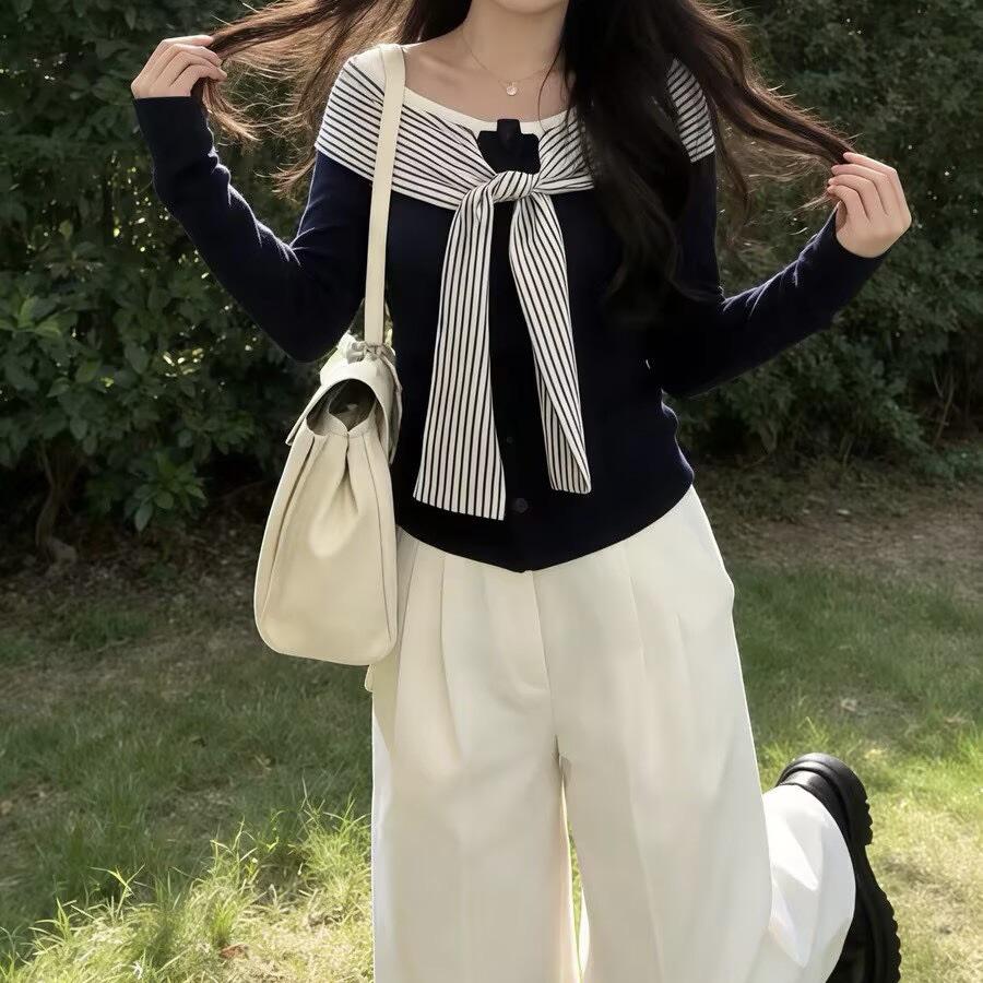 2026 Spring Women s Korean Academy Style Two-Piece Set: Fake Layered Top & Wide-Leg Pants S