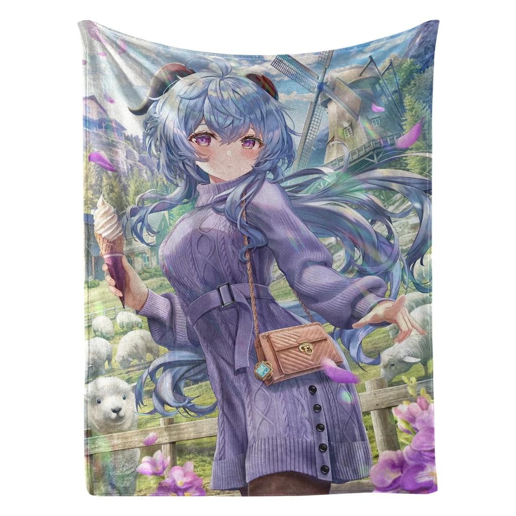 Cartoon Ganyu Universal Flannel Blanket Anime Genshin Impact Printed Soft Blankets Multifunctional Blankets Decor Home