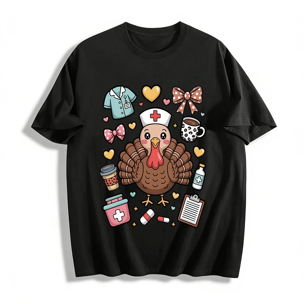 

Thanksgiving Nurse Turkey Graphic Print Casual Top Pure cotton T-shirt XXS