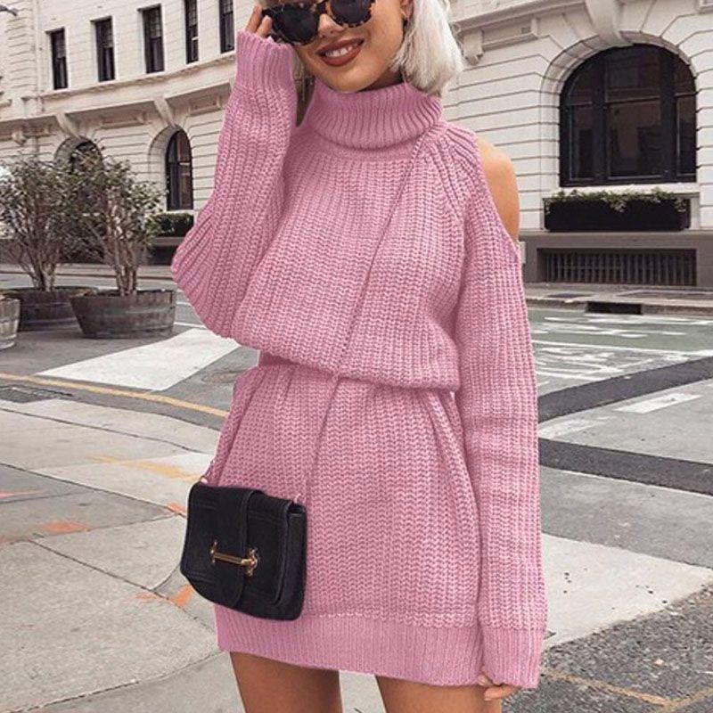 Premium Quality Autumn And Winter Mid Length High Collar Off Shoulder Sweater Dress Mini Dress For Effortless Style